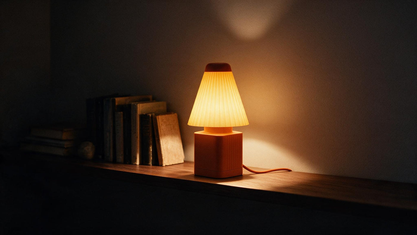 A warm evening room, a lamp glowing on a shelf