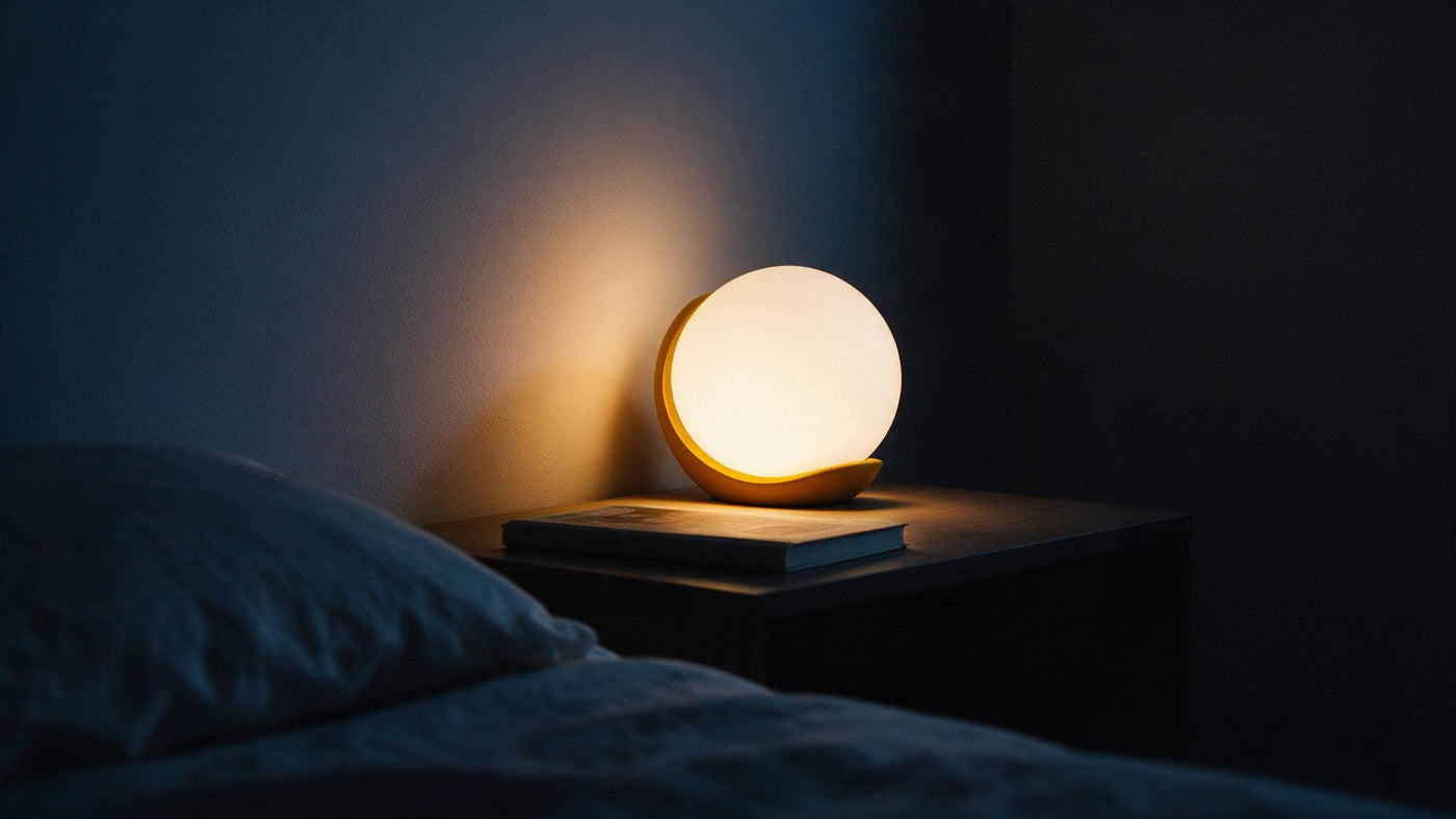 A dark bedroom at night, one small lamp lit beside the bed
